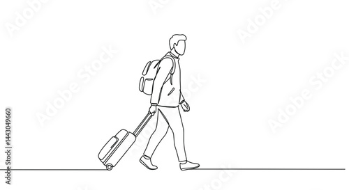 Person walking with suitcase against minimalist background  