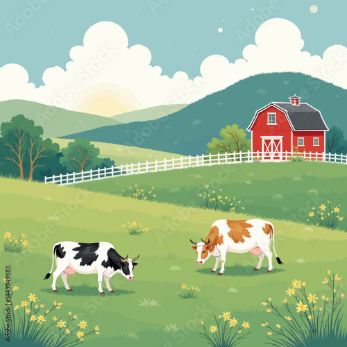Obraz na płótnie Cartoon cows grazing near red barn on idyllic farm landscape w salonie