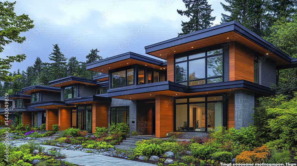 Fototapeta premium Modern housing development featuring clean lines and large windows, surrounded by greenery