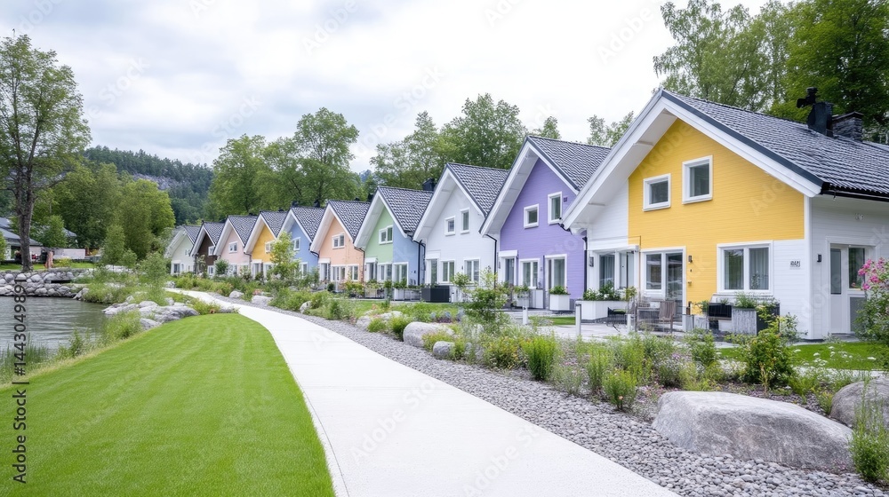 Colorful homes along a lakefront path Colorful homes along a lakefront path