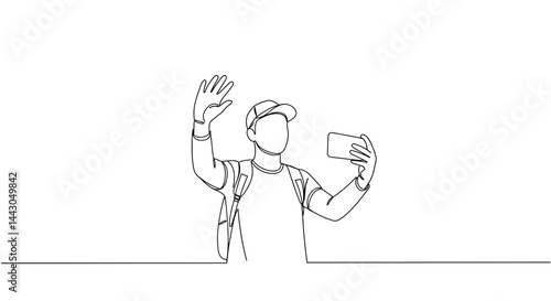 Person taking a selfie and waving in minimalistic line art  