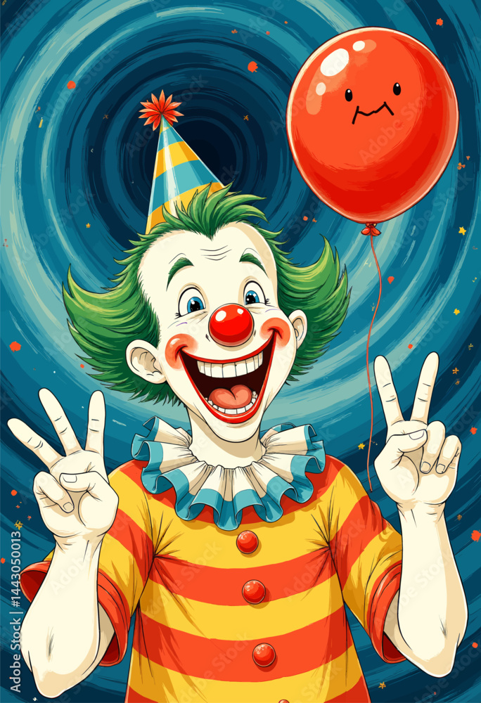 Cartoon Clown with Balloon Showing Peace Sign on Swirl Background