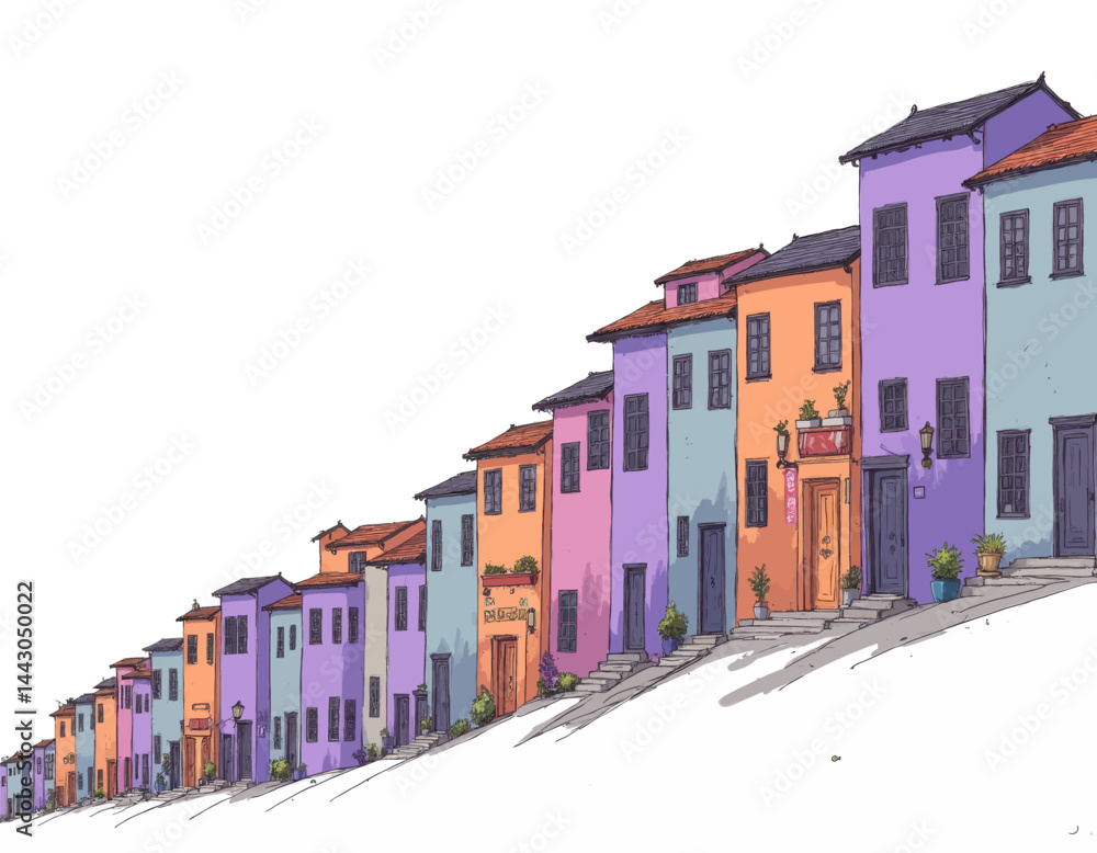 Cartoon Colorful Houses on a Hillside