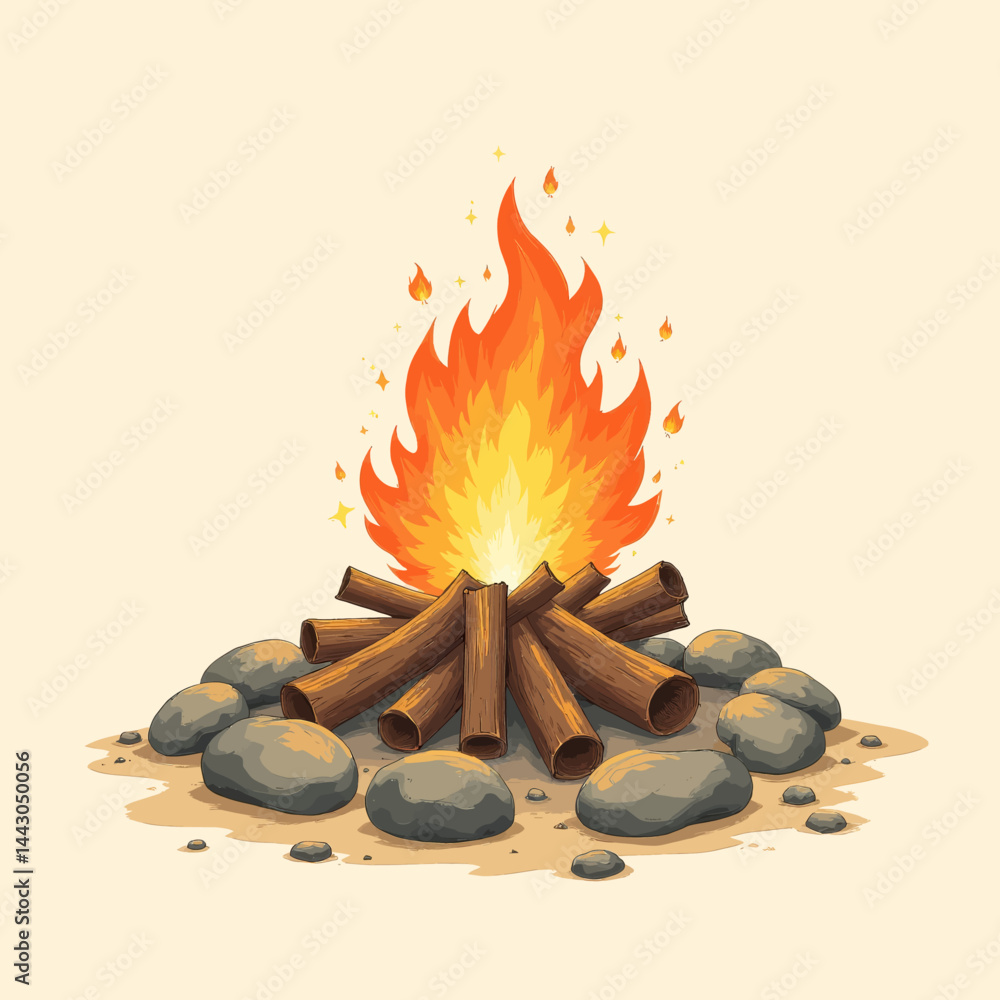 Cartoon Campfire with Rocks and Sparks
