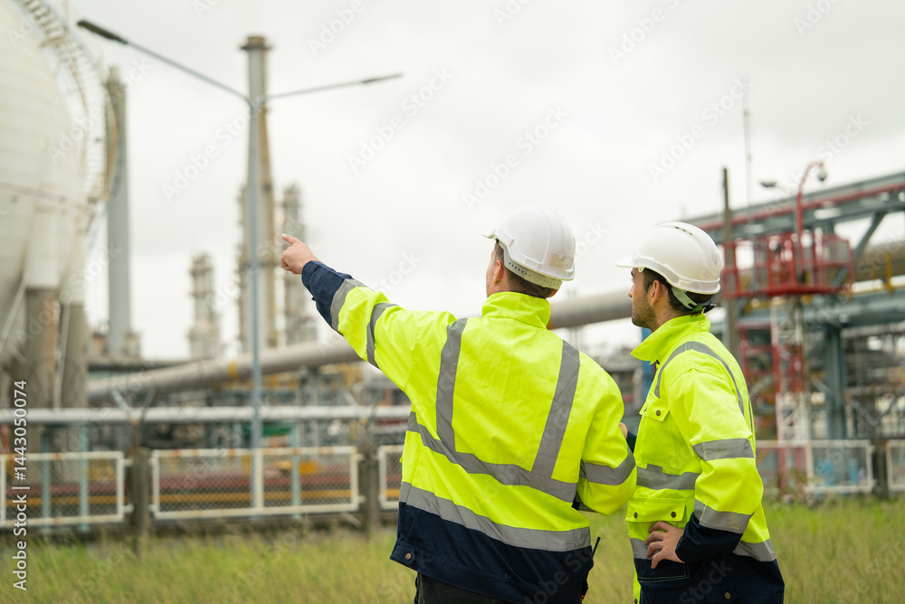 Engineers wearing safety gear discussing work at an oil refinery plant. Industrial background with metal structures and pipelines. Professional teamwork and communication in the energy indust Engineers wearing safety gear discussing work at an oil refinery plant. Industrial background with metal structures and pipelines. Professional teamwork and communication in the energy indust