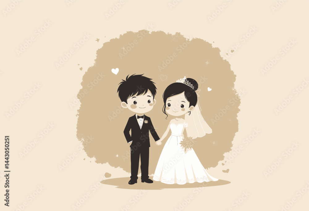 Cartoon Bride and Groom Holding Hands on Wedding Day