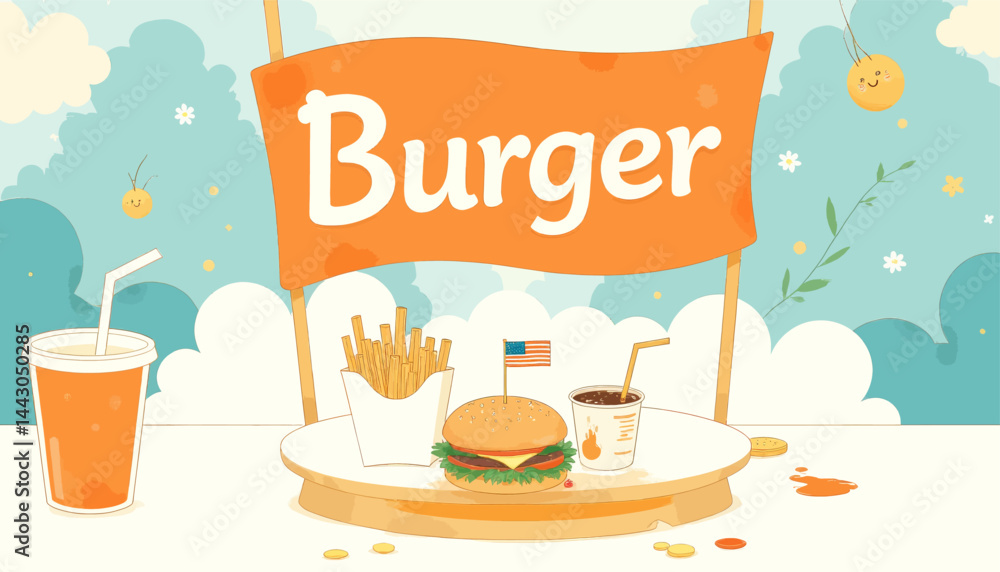 Cartoon Burger Stand with Fries and American Flag