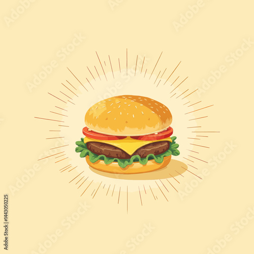 Obraz na płótnie Cartoon burger with cheese, tomato, and lettuce on tan background w salonie