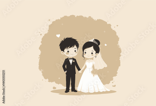 Cartoon Bride and Groom Holding Hands on Wedding Day