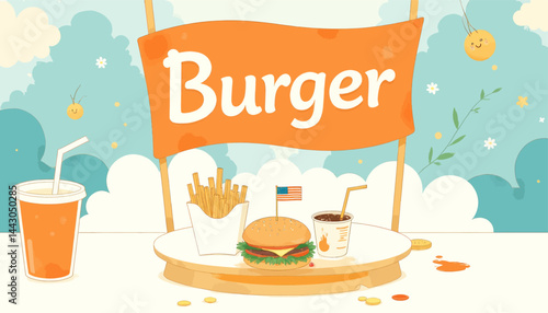 Obraz na płótnie Cartoon Burger Stand with Fries and American Flag w salonie