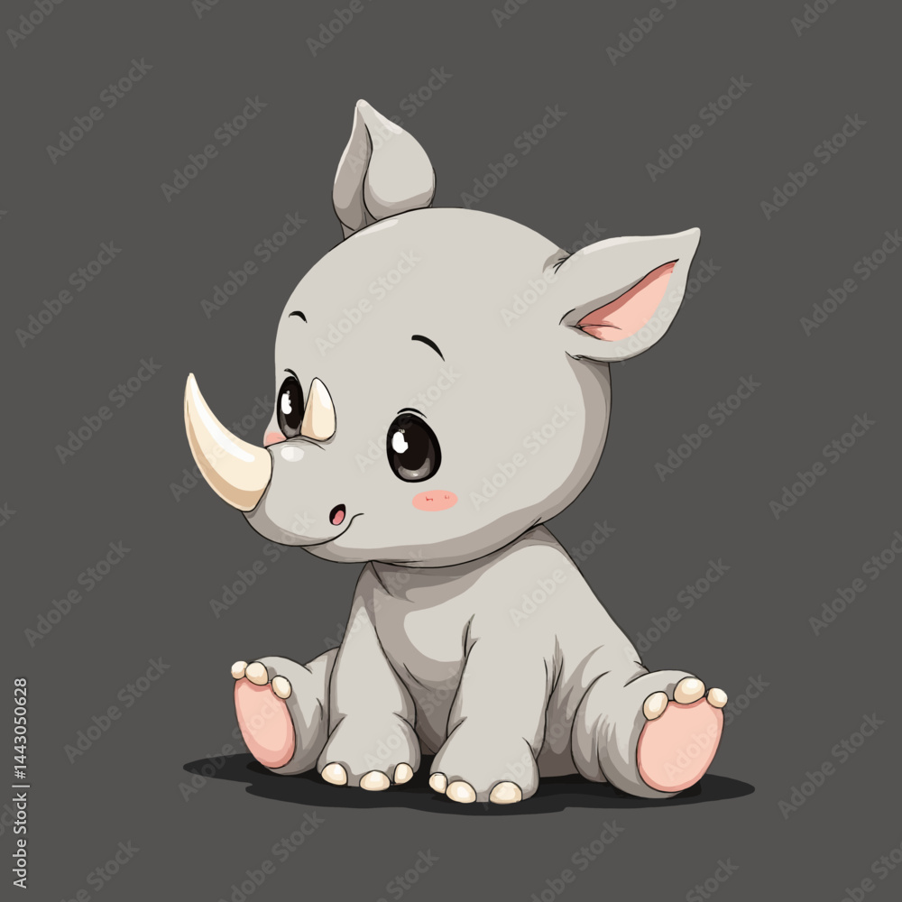 Cartoon Baby Rhino Sitting on Gray Background