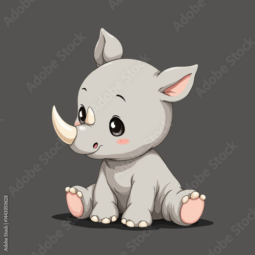 Obraz na płótnie Cartoon Baby Rhino Sitting on Gray Background w salonie