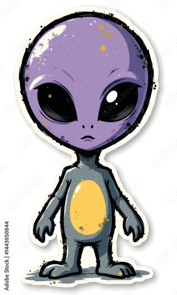Cartoon alien sticker with big eyes and yellow belly