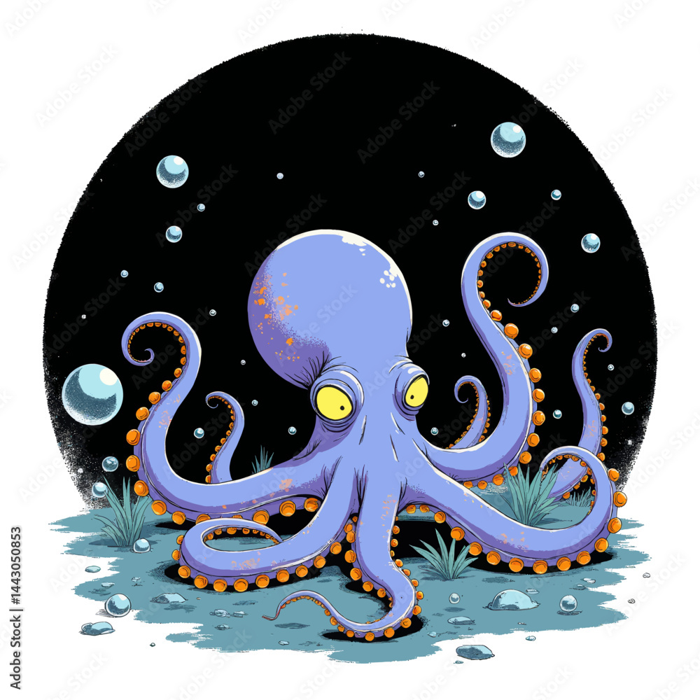 Cartoon Blue Octopus with Orange Spots and Yellow Eyes