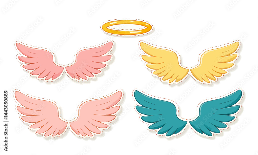 Cartoon angel wings and halo set on white background