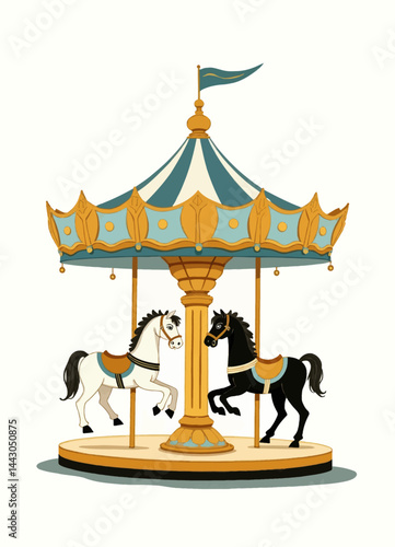 Obraz na płótnie Carousel with White and Black Horses, Blue and Gold Accents w salonie