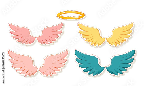 Obraz na płótnie Cartoon angel wings and halo set on white background w salonie