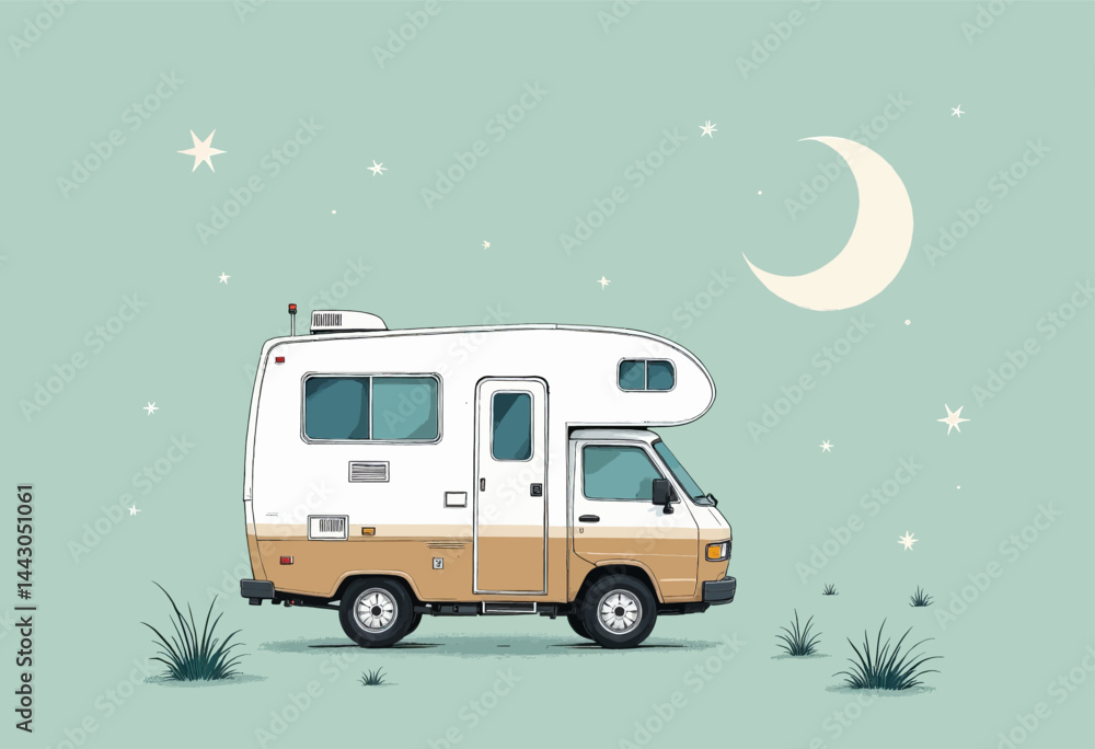 Camper Van Under Crescent Moon and Stars on Teal