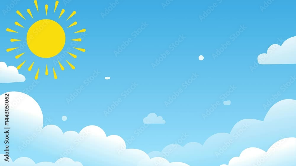 Cartoon depiction of a sunny sky with fluffy white clouds and a bright yellow sun in the corner Cartoon depiction of a sunny sky with fluffy white clouds and a bright yellow sun in the corner