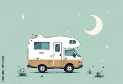 Obraz na płótnie Camper Van Under Crescent Moon and Stars on Teal w salonie