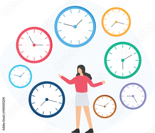 Businesswoman managing time while selecting a clock symbolizing deadlines, important appointments, and meetings, highlighting the concepts of planning and scheduling in a professional setting

