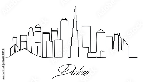 One continuous line drawing of Dubai city skyline United Arab Emirates. World landscape tourism and travel.