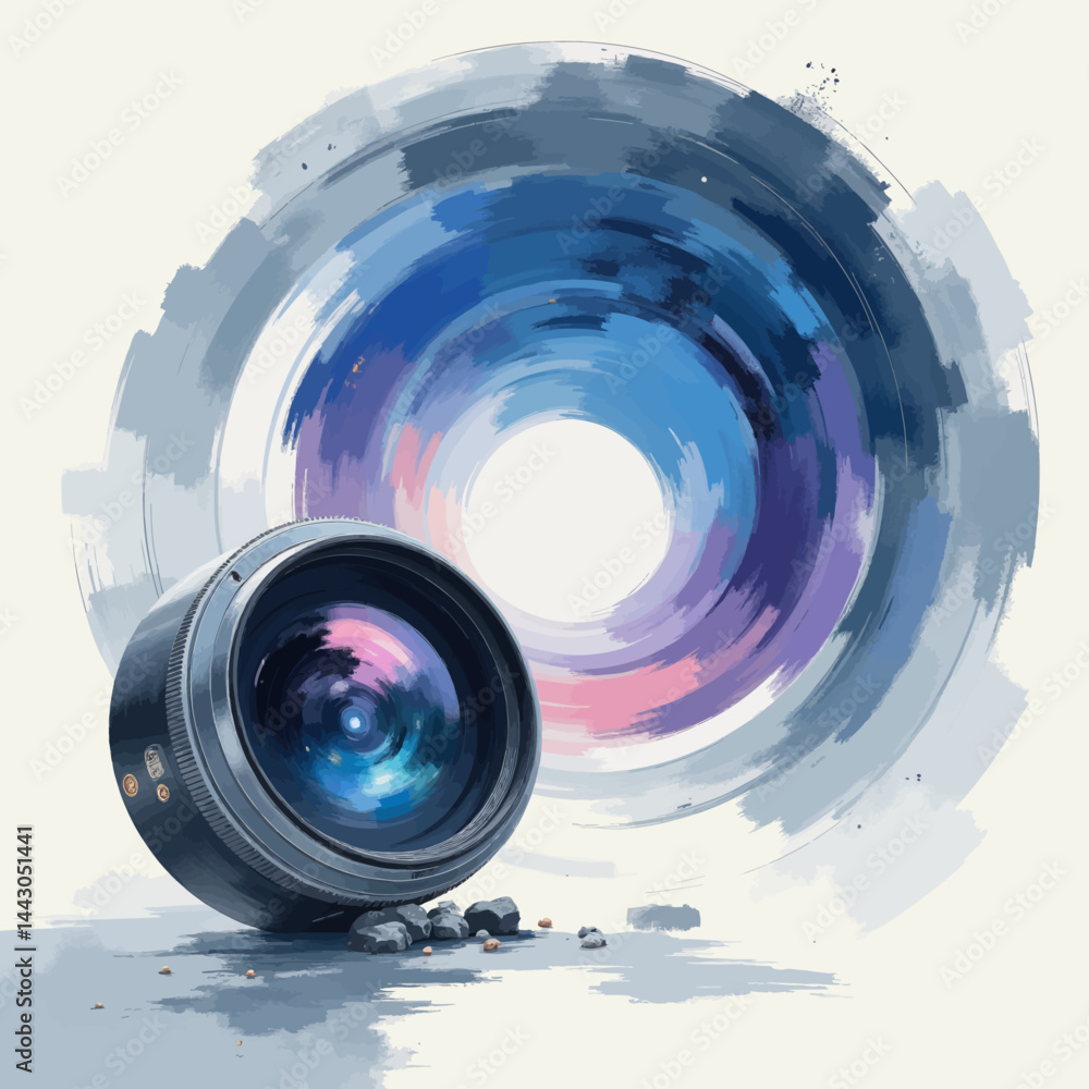 Camera lens with colorful swirling background art