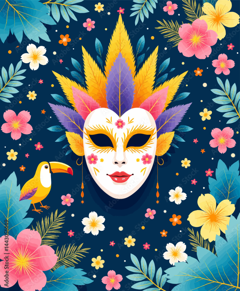 Carnival Mask with Toucan and Tropical Flowers