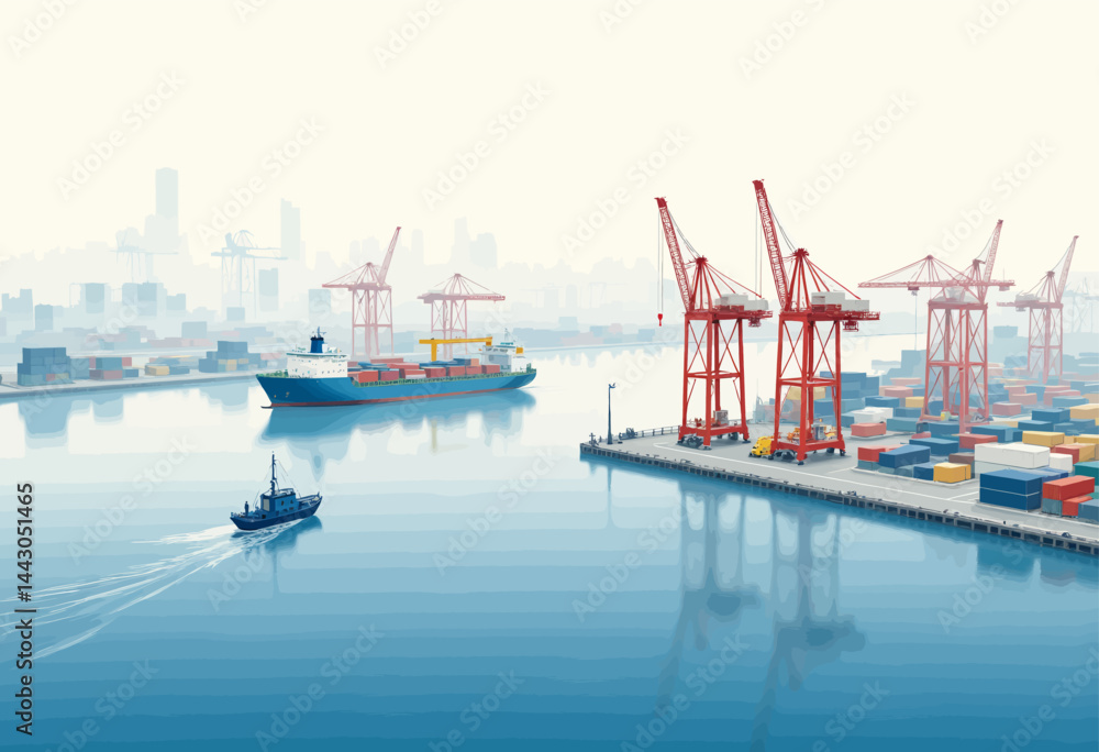 Busy port with cargo ship, tugboat, and cranes
