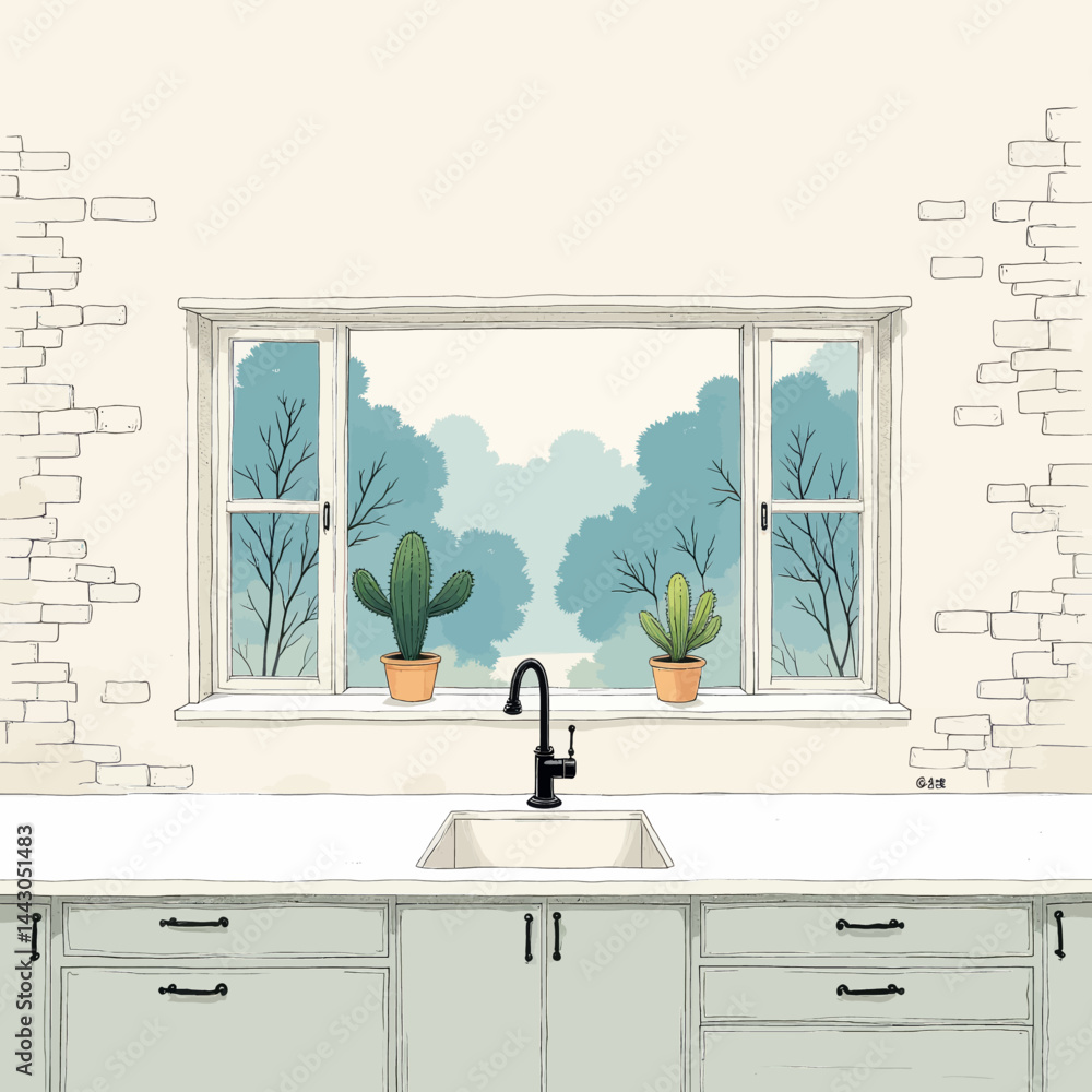 Cactus plants by kitchen window with brick wall detail