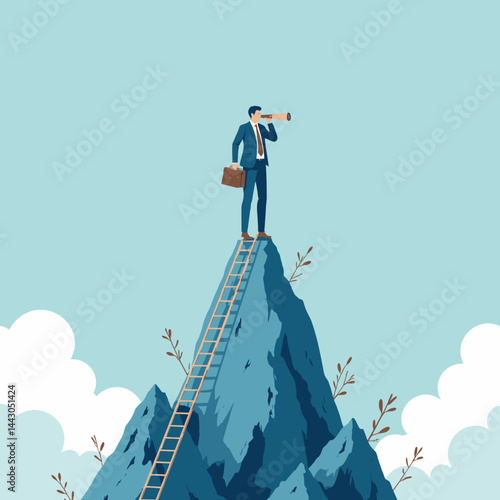 Obraz na płótnie Businessman with Spyglass on Mountain Peak with Ladder w salonie