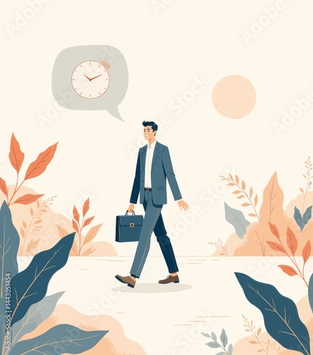 Business Man Walking, Clock Thought Bubble, Late