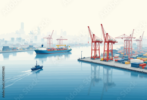 Obraz na płótnie Busy port with cargo ship, tugboat, and cranes w salonie