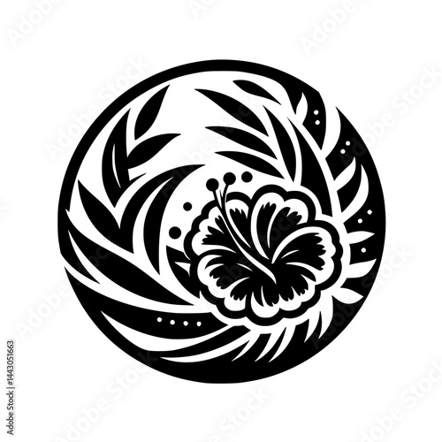 Stylized Floral Circle Graphic - Monochromatic Tribal Hibiscus Flower Design Element