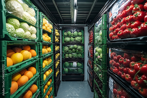 Fresh produce in warehouse cold storage featuring fruits vegetables and leafy greens
