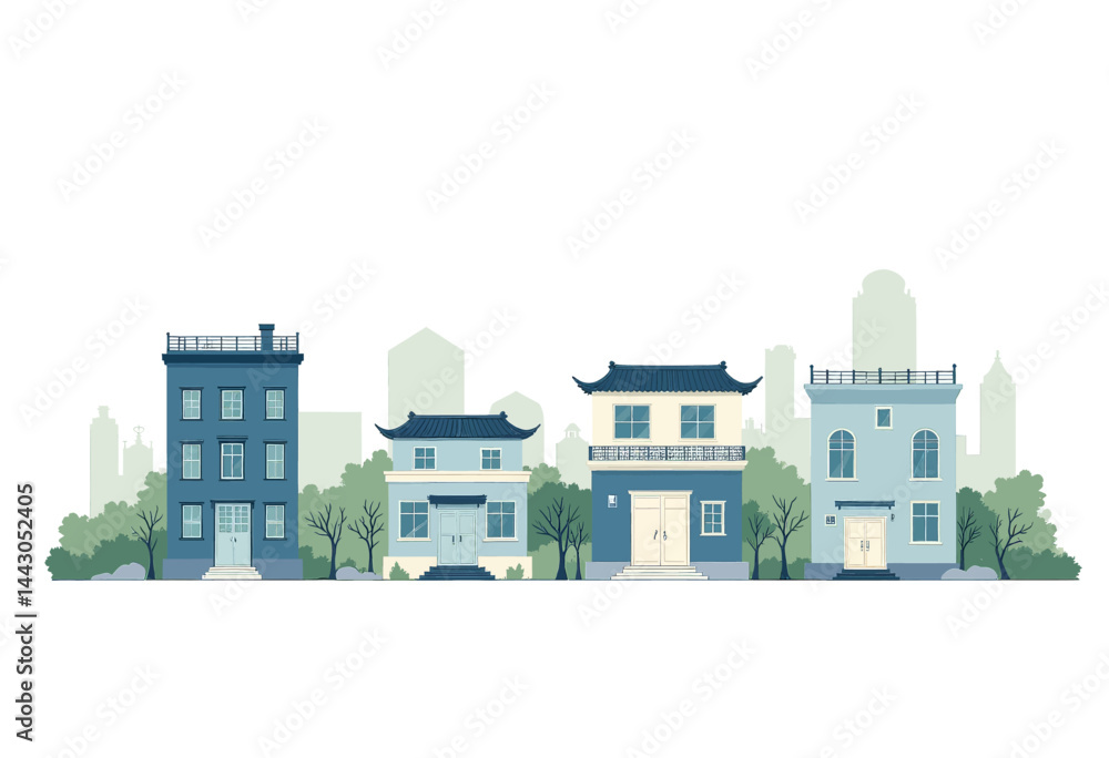Blue toned neighborhood with Asian influenced architecture