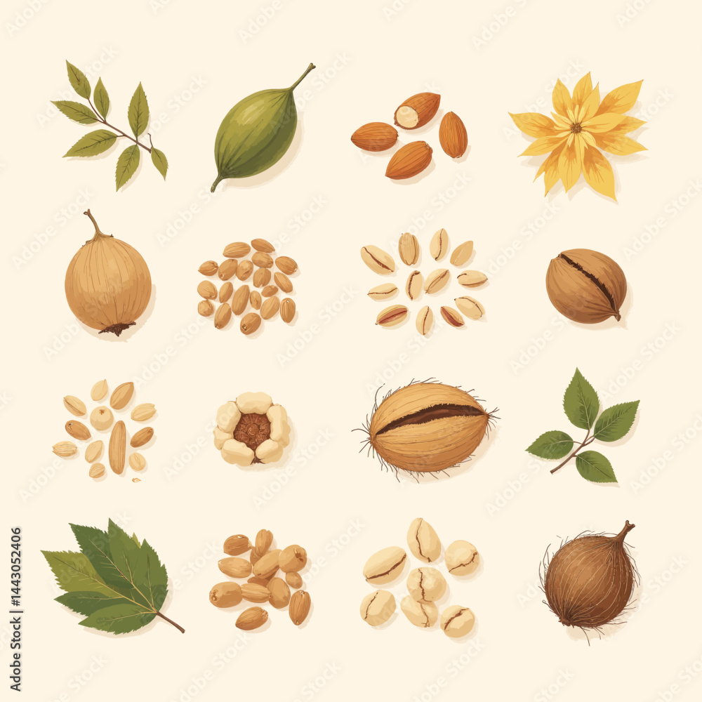 Botanical Flat Lay: Nuts, Seeds, and Foliage Arrangement
