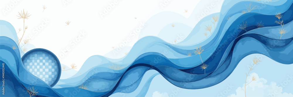 Blue Waves with Golden Grass and Woven Circle Accent