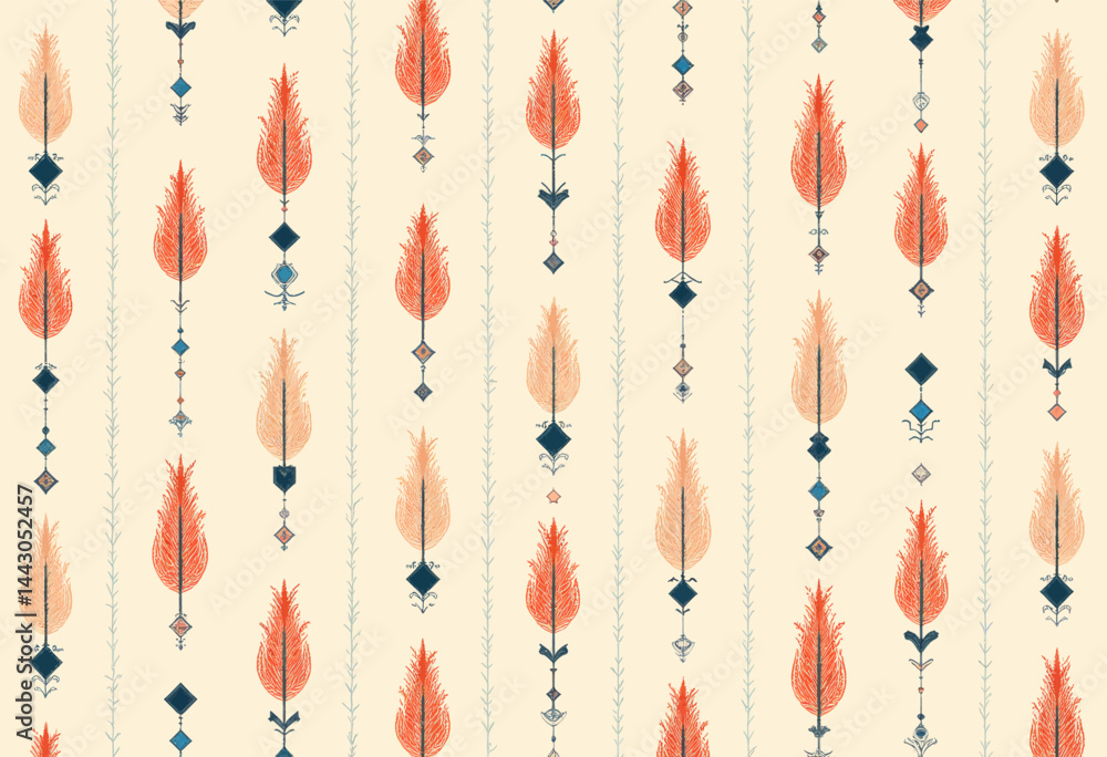 Boho Chic Feather and Diamond Pattern in Orange and Blue