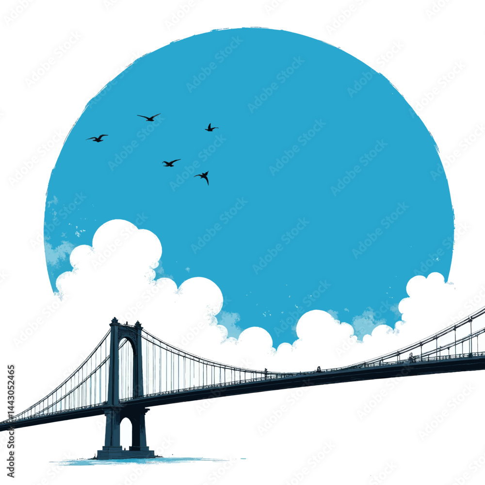 Blue sky over bridge with birds and clouds illustration