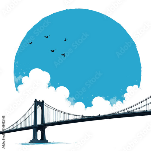 Blue sky over bridge with birds and clouds illustration
