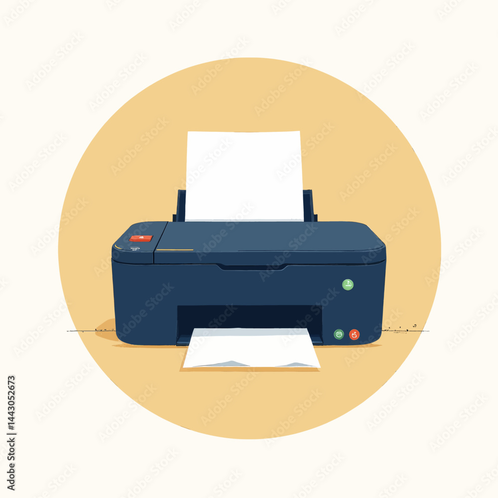 Blue office printer with paper on yellow background