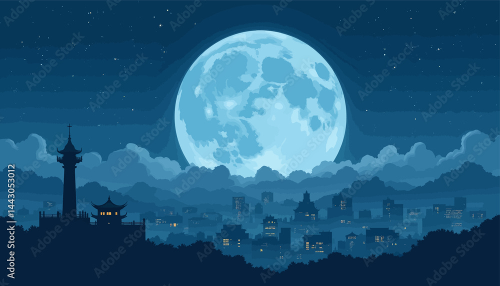 Blue Moon Over Cityscape with Pagoda Silhouette