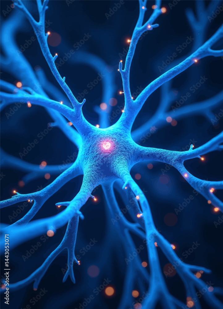Blue Neuron with Glowing Synapses