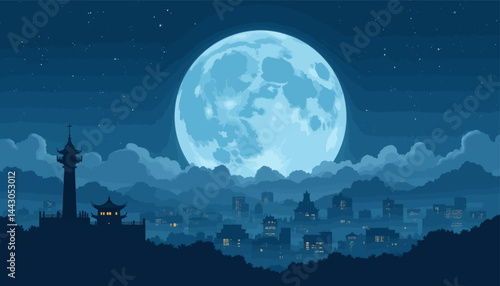 Obraz na płótnie Blue Moon Over Cityscape with Pagoda Silhouette w salonie