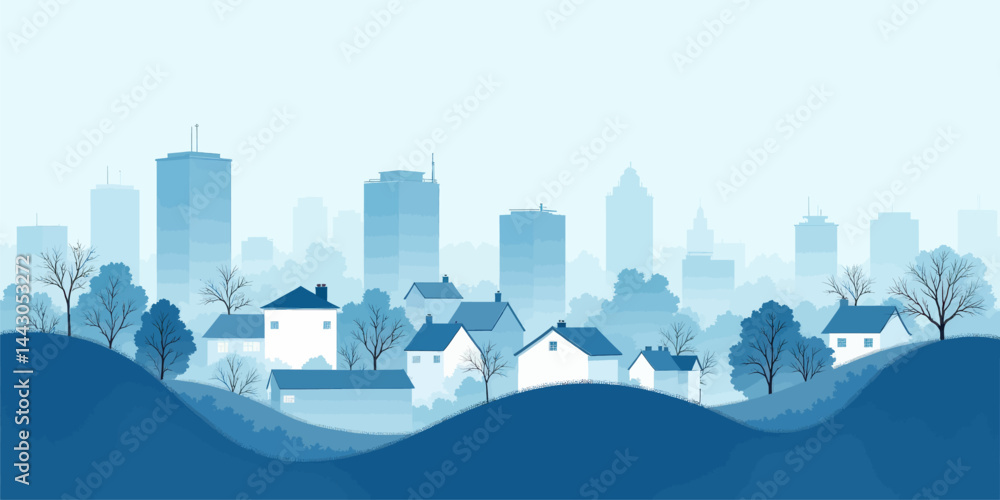 Blue Hues: Suburban Homes with City Skyline Backdrop