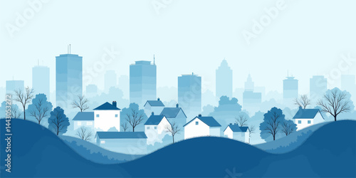 Obraz na płótnie Blue Hues: Suburban Homes with City Skyline Backdrop w salonie