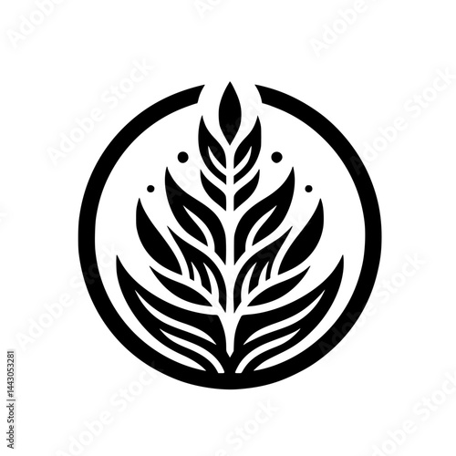 Minimalist Black and White Stylized Leaf Graphic in Circle Frame - Organic Symbol Logo Concept