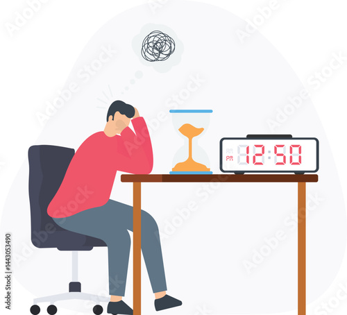 Stressed office worker sitting at a desk, holding his head in frustration, surrounded by an hourglass and digital clock, contemplating a problem represented by tangled thread

