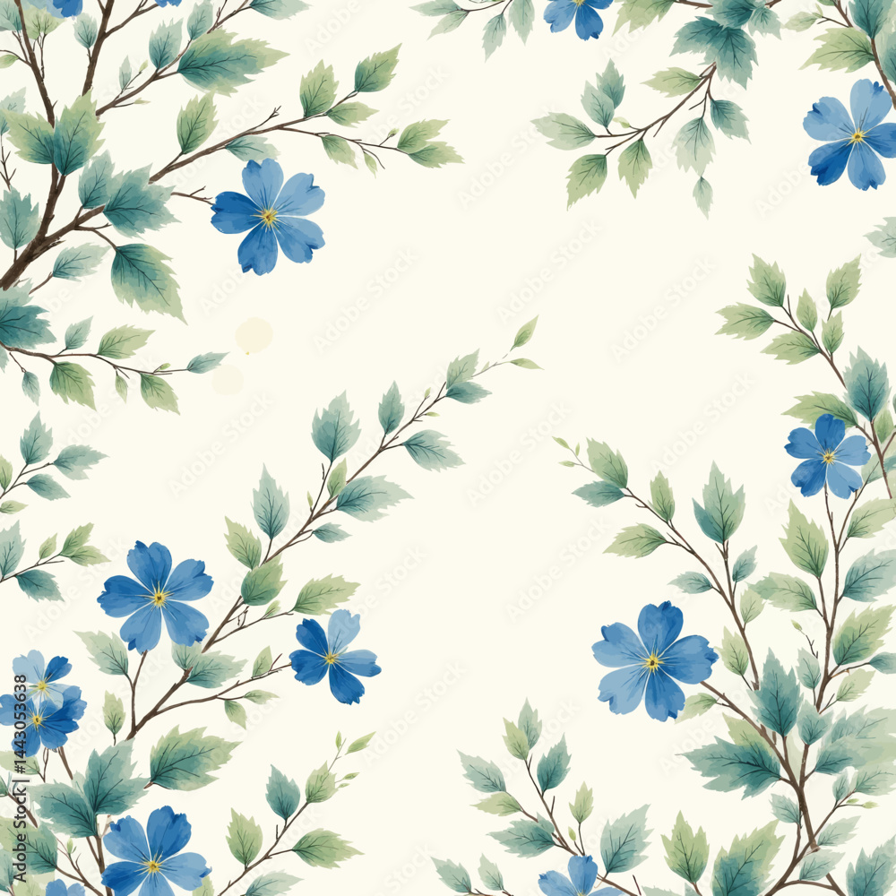 Blue Floral Watercolor Frame on Cream Background